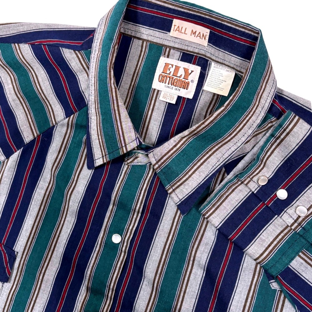 Ely Cattleman Western Shirt Mens 3XL TALL Multicolor Striped Pearl Snaps Rodeo